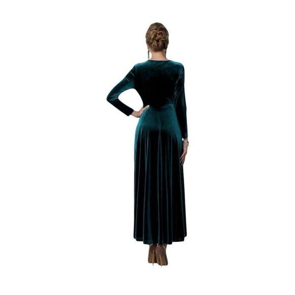 Urban Coco Size M Long Sleeve V-Neck Maxi Dress Emerald Green Velvet Formal NWT - Picture 3 of 15